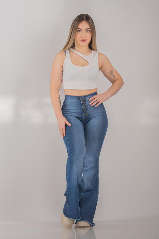 Pantalón ajustados Flare color azul claro tiro alto, pantalones acampanados de mezclilla de cintura alta , jeans vaqueros y ropa de mujer