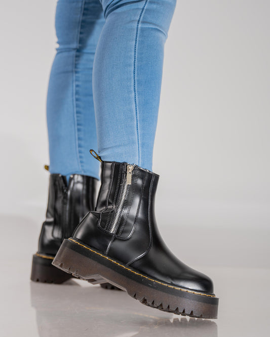 Botines de charol moda para mujer con cierre de cremallera color negro | Botas con plataforma punta redonda, color liso, versátiles para todas las estaciones, parte superior sintética, interior de tela | Estilo casual chic para la calle