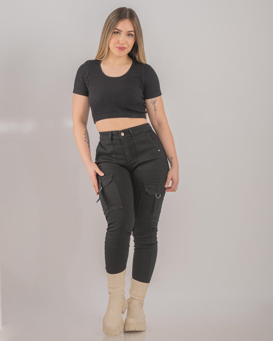 Pantalón cargo pitillo negro tiro alto con push up, Pantalones elasticos skinny negro para mujer multi bolsillos