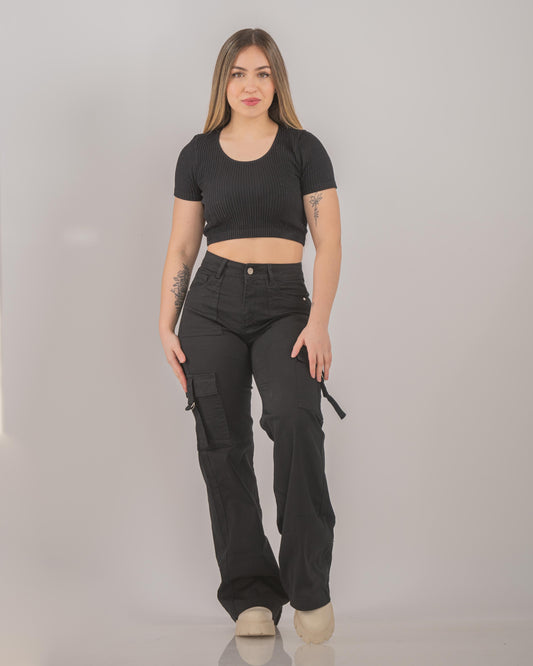 Pantalón cargo mujer negro elásticos de cintura alta retro, elegantes pantalones cargos anchos mujer tiro alto con bolsillos estilo urbano, moda urbana