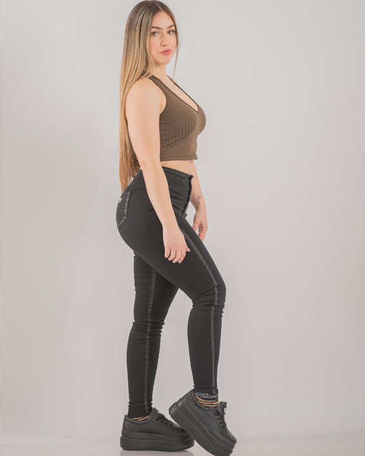 Pantalón skinny negros ajustados de cintura alta para mujer, Jeans elásticados estilo urbano pitilllo con push up  pantalón tiro alto