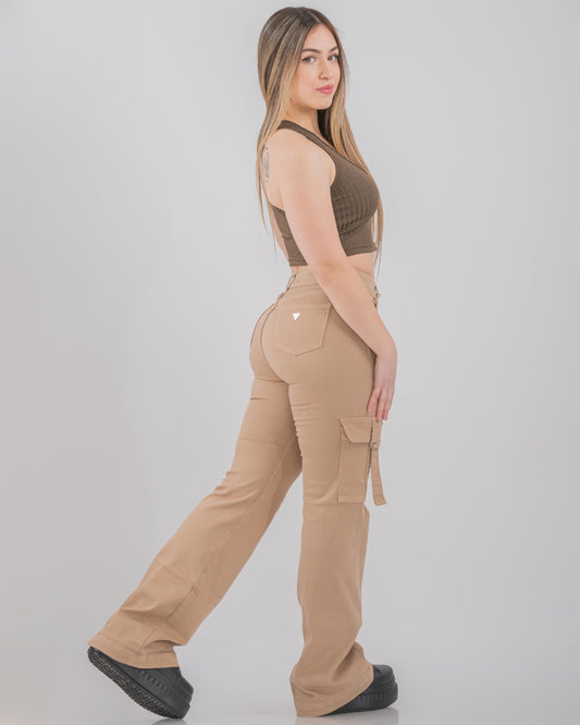 Pantalones cargo con bolsillo beige lateral liso tiro alto, estilo retro de ajuste holgado de moda, Jeans cargo casuales para mujer, pantalones vaqueros urbanos, ropa elegante y moderna