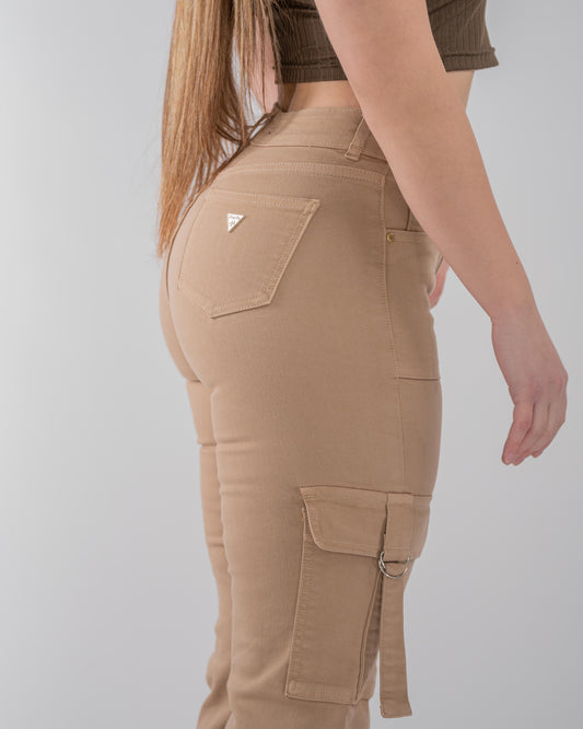 Pantalones cargo con bolsillo beige lateral liso tiro alto, estilo retro de ajuste holgado de moda, Jeans cargo casuales para mujer, pantalones vaqueros urbanos, ropa elegante y moderna