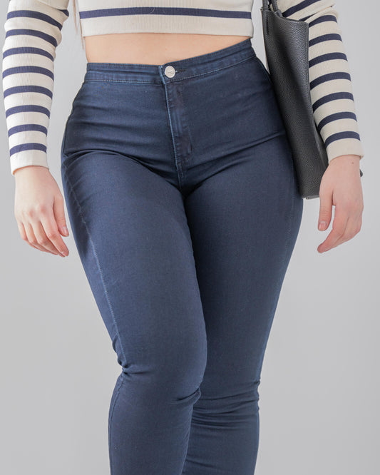 Pantalón de mezclilla azul oscuro skinny tiro alto con push up | Jeans pitillo para mujer azul elasticados