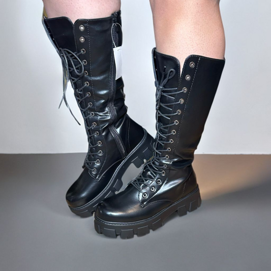 Botas Con Cordones A La Moda con Cremallera Lateral | Botas De Plataforma De Color negro Para Mujer tipo punk  Botas Cómodas eco cuero