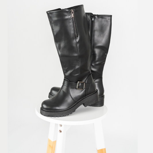 Botas De Moda De Color negro Para Mujer | Botas Altas Hasta La Rodilla Con Plataforma Cómoda Con Cremallera | Botas efecto cuero Con Punta Redonda De Invierno