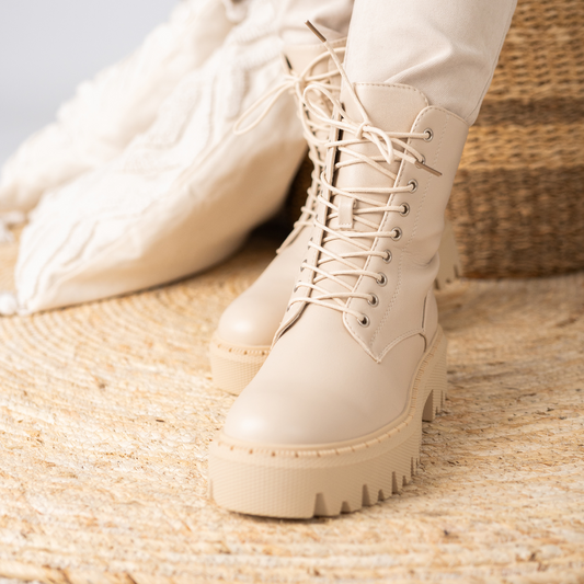 Botines De Moda De Color BEIGE con cordones, clásicos| Botas Casuales Con Plataforma Y Cremallera Lateral | Botas De Punta Redonda Versátiles