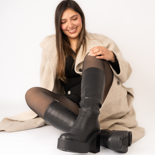 Botas altas hasta la rodilla, plataforma para mujer, zapatos por hasta la rodilla, cremallera lateral, punta redonda, botas largas negras para mujer, tacones gruesos, invierno, nuevo